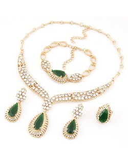 Turquoise and Rhinestone Embellished Luxurious Design Necklace Bracelet Earrings and Ring Set