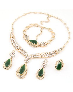 Turquoise and Rhinestone Embellished Luxurious Design Necklace Bracelet Earrings and Ring Set