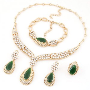Turquoise and Rhinestone Embellished Luxurious Design Necklace Bracelet Earrings and Ring Set
