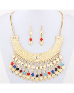 Rhinestone and Glass Beads Bohemian Arch Pendant Design Costume Necklace and Earrings Set - Multicolor