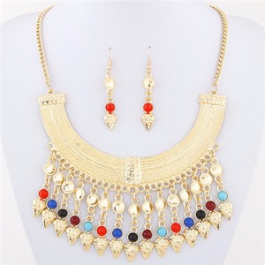 Rhinestone and Glass Beads Bohemian Arch Pendant Design Costume Necklace and Earrings Set - Multicolor