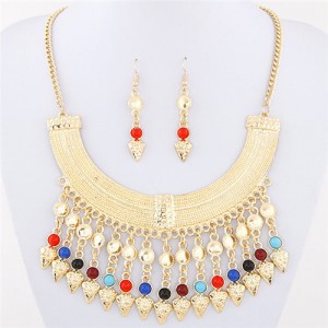 Rhinestone and Glass Beads Bohemian Arch Pendant Design Costume Necklace and Earrings Set - Multicolor