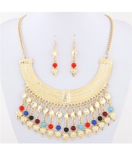 Rhinestone and Glass Beads Bohemian Arch Pendant Design Costume Necklace and Earrings Set - Multicolor