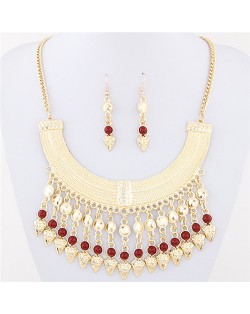 Rhinestone and Glass Beads Bohemian Arch Pendant Design Costume Necklace and Earrings Set - Dark Red