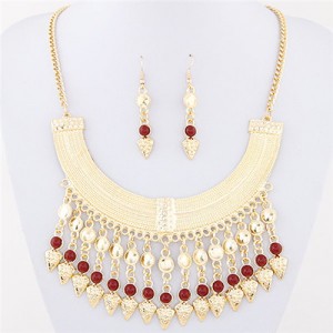 Rhinestone and Glass Beads Bohemian Arch Pendant Design Costume Necklace and Earrings Set - Dark Red