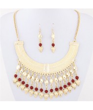Rhinestone and Glass Beads Bohemian Arch Pendant Design Costume Necklace and Earrings Set - Dark Red