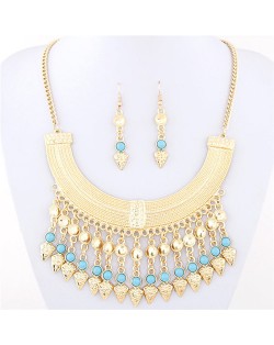 Rhinestone and Glass Beads Bohemian Arch Pendant Design Costume Necklace and Earrings Set - Blue