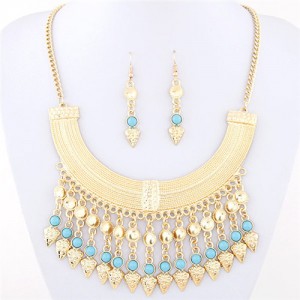 Rhinestone and Glass Beads Bohemian Arch Pendant Design Costume Necklace and Earrings Set - Blue