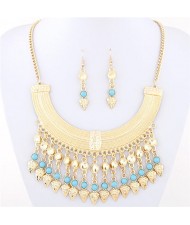 Rhinestone and Glass Beads Bohemian Arch Pendant Design Costume Necklace and Earrings Set - Blue