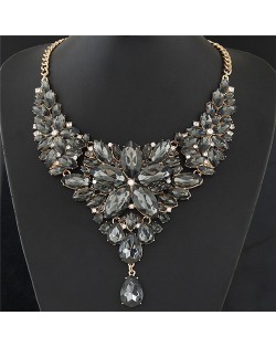 Resplendent Ice Crystal Flower Design Statement Fashion Necklace - Black