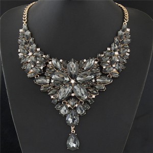Resplendent Ice Crystal Flower Design Statement Fashion Necklace - Black