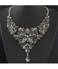 Resplendent Ice Crystal Flower Design Statement Fashion Necklace - Black