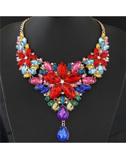 Resplendent Ice Crystal Flower Design Statement Fashion Necklace - Multicolor