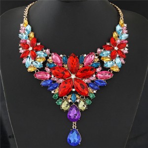 Resplendent Ice Crystal Flower Design Statement Fashion Necklace - Multicolor