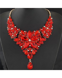Resplendent Ice Crystal Flower Design Statement Fashion Necklace - Red