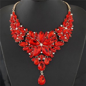 Resplendent Ice Crystal Flower Design Statement Fashion Necklace - Red