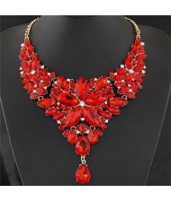 Resplendent Ice Crystal Flower Design Statement Fashion Necklace - Red
