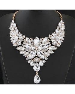 Resplendent Ice Crystal Flower Design Statement Fashion Necklace - White