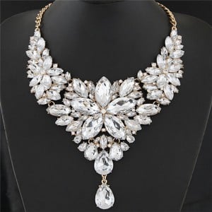 Resplendent Ice Crystal Flower Design Statement Fashion Necklace - White