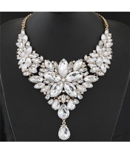 Resplendent Ice Crystal Flower Design Statement Fashion Necklace - White