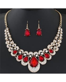 Shining Waterdrops Fashion Collar Necklace and Earrings Set - Red