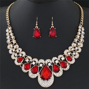 Shining Waterdrops Fashion Collar Necklace and Earrings Set - Red