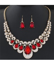 Shining Waterdrops Fashion Collar Necklace and Earrings Set - Red