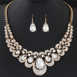 Shining Waterdrops Fashion Collar Necklace and Earrings Set - White