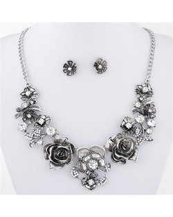 Vintage Silver Auspicious Flowers Necklace and Earrings Set