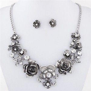 Vintage Silver Auspicious Flowers Necklace and Earrings Set