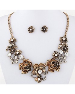 Vintage Copper Auspicious Flowers Necklace and Earrings Set