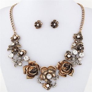 Vintage Copper Auspicious Flowers Necklace and Earrings Set