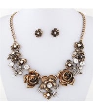 Vintage Copper Auspicious Flowers Necklace and Earrings Set
