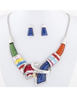 Resin Gem Artistic Arch Design Pendant Statement Fashion Necklace and Earrings Set - Multicolor