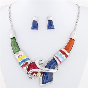 Resin Gem Artistic Arch Design Pendant Statement Fashion Necklace and Earrings Set - Multicolor