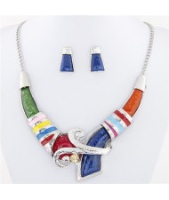 Resin Gem Artistic Arch Design Pendant Statement Fashion Necklace and Earrings Set - Multicolor