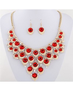 Gem Inlaid Peacock Feather Inspired Necklace and Earrings Set - Red