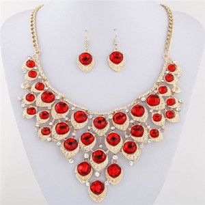 Gem Inlaid Peacock Feather Inspired Necklace and Earrings Set - Red