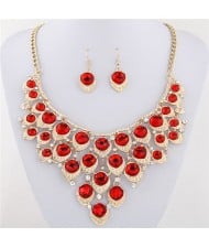 Gem Inlaid Peacock Feather Inspired Necklace and Earrings Set - Red