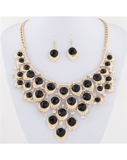 Gem Inlaid Peacock Feather Inspired Necklace and Earrings Set - Black