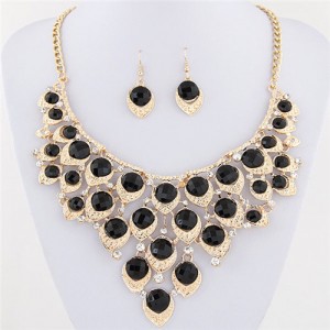 Gem Inlaid Peacock Feather Inspired Necklace and Earrings Set - Black