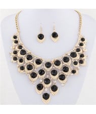 Gem Inlaid Peacock Feather Inspired Necklace and Earrings Set - Black