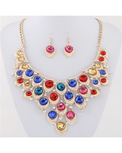 Gem Inlaid Peacock Feather Inspired Necklace and Earrings Set - Multicolor