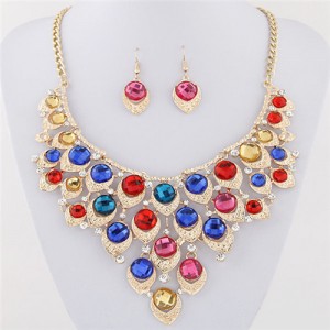 Gem Inlaid Peacock Feather Inspired Necklace and Earrings Set - Multicolor