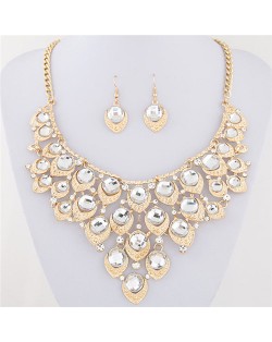 Gem Inlaid Peacock Feather Inspired Necklace and Earrings Set - White