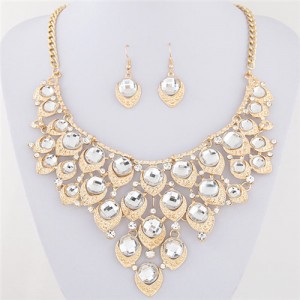 Gem Inlaid Peacock Feather Inspired Necklace and Earrings Set - White