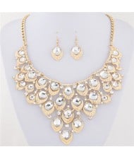 Gem Inlaid Peacock Feather Inspired Necklace and Earrings Set - White