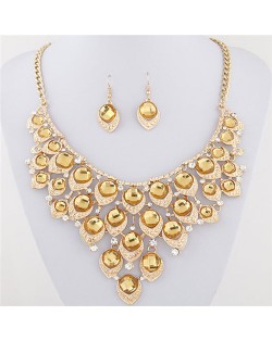 Gem Inlaid Peacock Feather Inspired Necklace and Earrings Set - Champagne