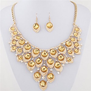 Gem Inlaid Peacock Feather Inspired Necklace and Earrings Set - Champagne
