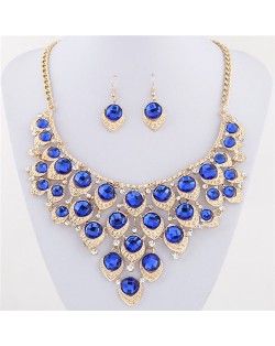 Gem Inlaid Peacock Feather Inspired Necklace and Earrings Set - Blue